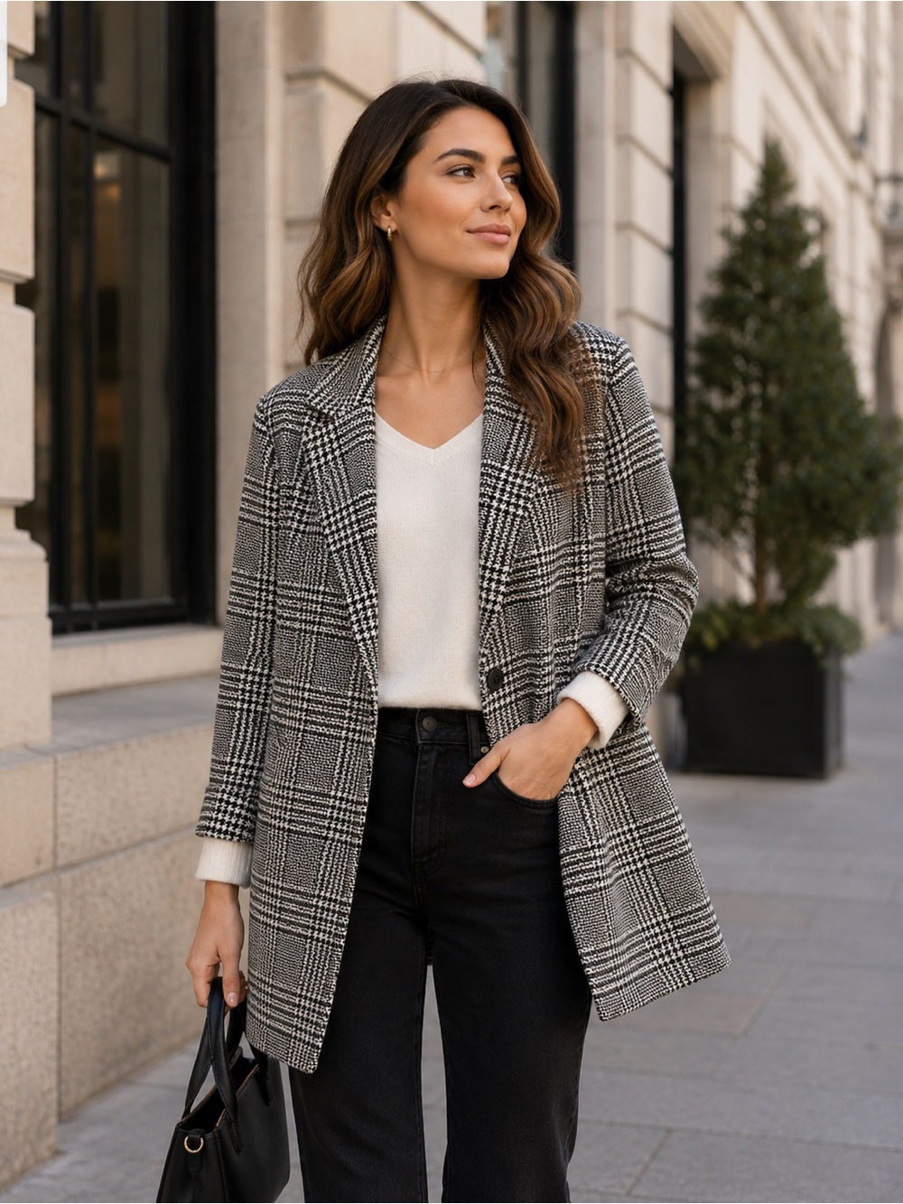 Zara Blazer Black White Glen Plaid Single Button Oversized Long